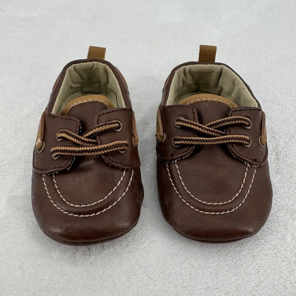 Koala Baby Boat Shoes Infant Sz 2 Brown Faux Leather Soft Sole Loafers Baby Boy